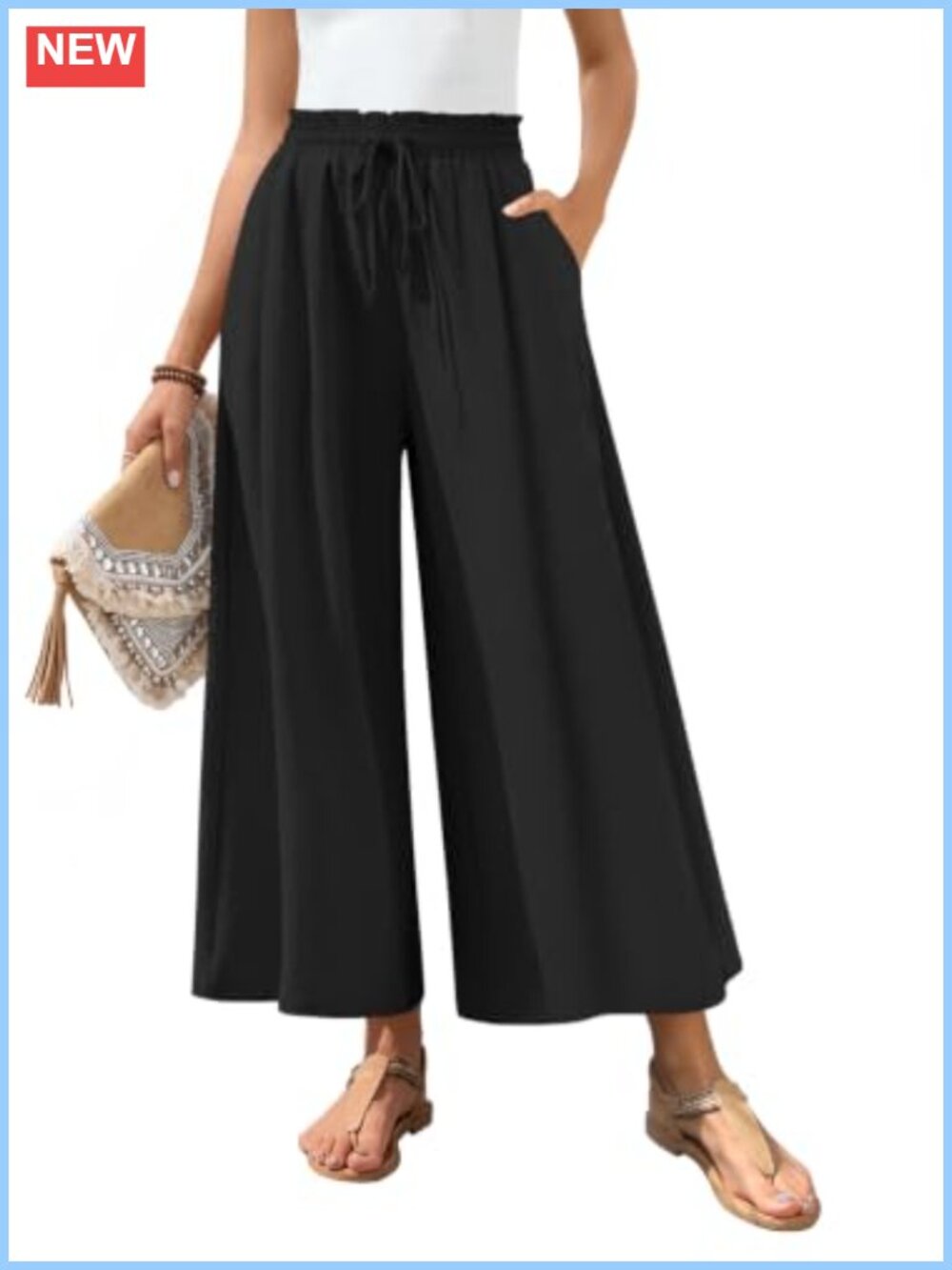 Women's Wide Leg Palazzo Pants Flowy Gauchos Elastic Waist with Pockets